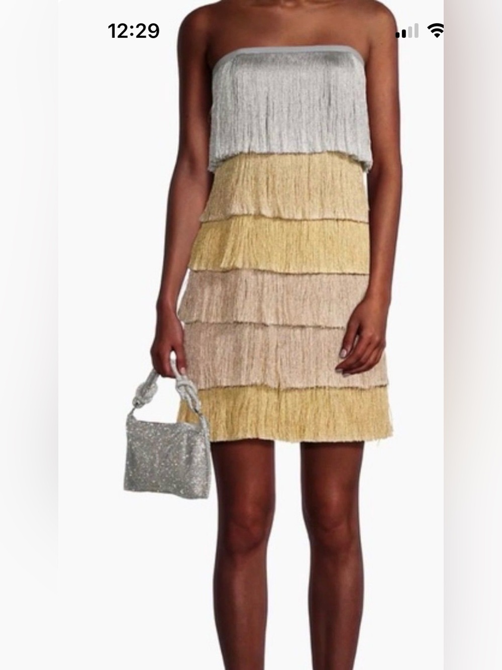 Milly Tiered Fringe Mini Dress in Silver and Gold